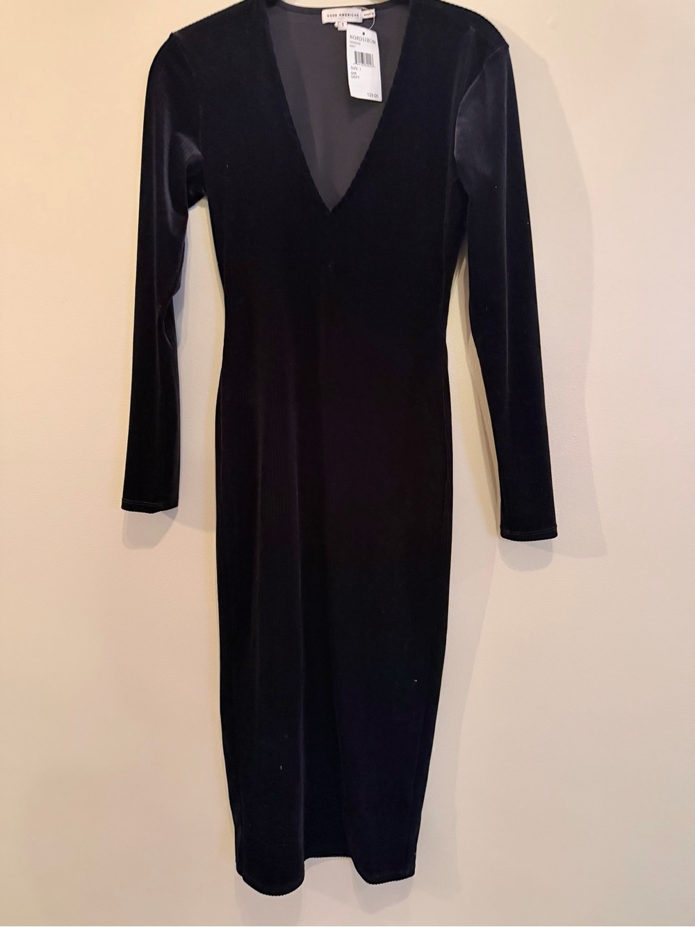 Good American Ribbed Velvet V-Neck Midi Dress, long-sleeve, bodycon dress